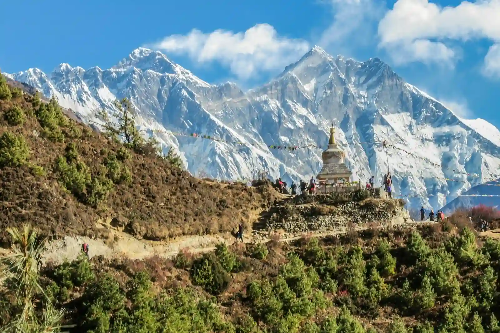 Snow-capped Himalayan peaks and a Buddhist stupa with prayer flags near Darjeeling
